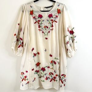 NWT Zara Boho Floral Embroidered Tunic Silk Blend Dress Off White Size Small